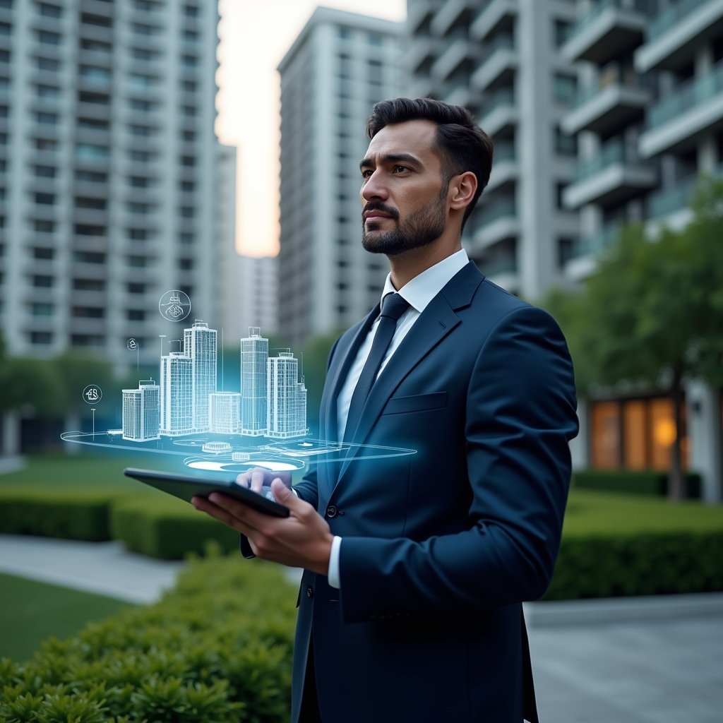 Ultra-realistic condominium manager in a navy executive suit, set in a modern luxury condominium environment with high-rise buildings and manicured green landscaping, holding a tablet displaying a holographic pie chart and floor-plan fractions, confidently analyzing data to calculate unit share, holographic icons of buildings and currency symbols floating beside them, cinematic lighting, shallow depth of field, highly detailed textures, realistic skin, photographic realism, 8k resolution --ar 1:1 --v 6