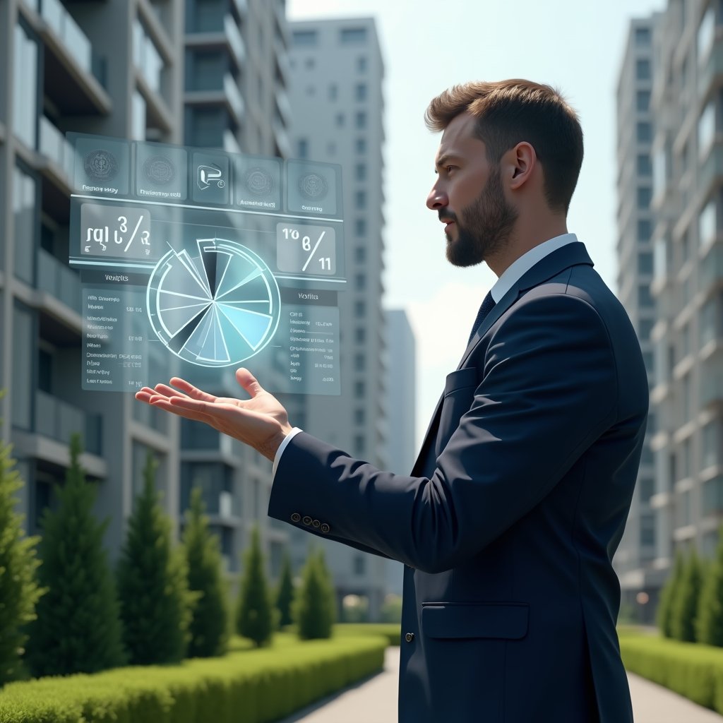(Ultra-realistic condominium manager in a navy blue suit, set in a modern luxury condominium environment with high-rise buildings and manicured green landscaping, medium shot with shallow depth of field, manager confidently gesturing toward a floating holographic pie chart illustrating fractional percentages and vote weights, holographic icons of coins and voting ballots integrated into the chart, cinematic lighting, highly detailed textures, realistic skin, photographic realism, 8k resolution --ar 1:1 --v 6)