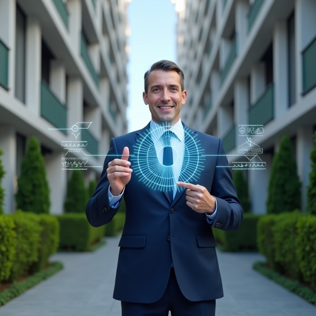 Ultra-realistic condominium manager in a navy blue suit, set in a modern luxury condominium environment with high-rise buildings and lush green landscaping, confidently pointing at a floating holographic pie chart displaying unit fractions and percentages, symbolic holographic icons of legal scales and currency, cinematic lighting, shallow depth of field, highly detailed textures, realistic skin, photographic realism, 8k resolution --ar 1:1 --v 6