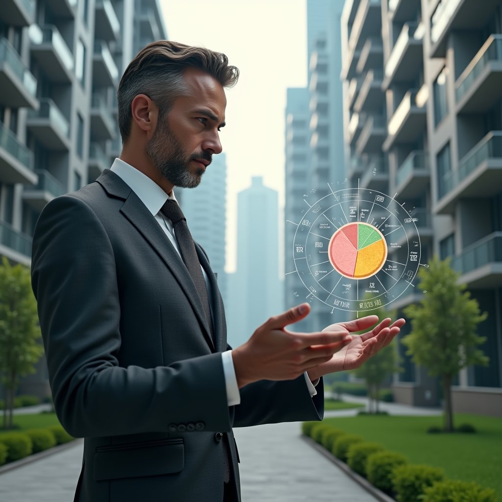 (Ultra-realistic condominium manager in a charcoal gray suit, set in a modern luxury condominium environment with high-rise buildings and manicured green landscaping, examining a floating holographic pie chart showing fractional ownership slices and currency symbols, projecting confidence and focus, cinematic lighting, shallow depth of field, highly detailed textures, realistic skin, photographic realism, 8k resolution --ar 1:1 --v 6)