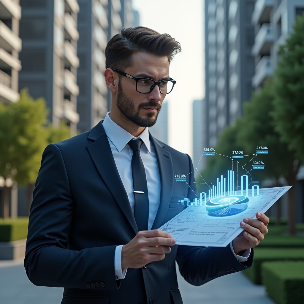 Ultra-realistic condominium manager in a dark navy suit, set in a modern luxury condominium environment with high-rise buildings and manicured green spaces, holding and analyzing a holographic pie chart displaying percentage fractions, thoughtful expression, holographic condominium blueprint with rate distribution icons floating beside, cinematic lighting, shallow depth of field, highly detailed textures, realistic skin, photographic realism, 8k resolution --ar 1:1 --v 6