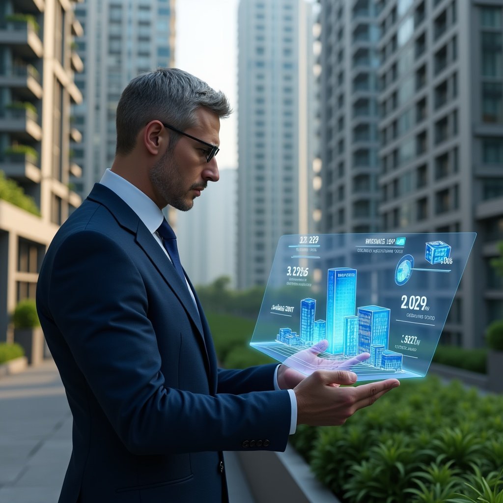 Ultra-realistic condominium manager in a navy blue executive suit, set in a modern luxury condominium environment with high-rise buildings and lush green landscaping, analyzing a holographic pie chart of expense allocations with a focused, confident expression, floating 3D building icons and rateio percentages around them, cinematic lighting, shallow depth of field, highly detailed textures, realistic skin, photographic realism, 8k resolution --ar 1:1 --v 6