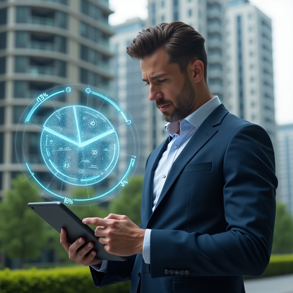 (Ultra-realistic condominium manager in a tailored navy suit, set in a modern luxury condominium environment with high-rise buildings and manicured green landscaping, analyzing a holographic fractional pie chart with a tablet in hand, holographic icons of building units and percentage symbols floating around, confident and focused expression, cinematic lighting, shallow depth of field, highly detailed textures, realistic skin, photographic realism, 8k resolution --ar 1:1 --v 6)