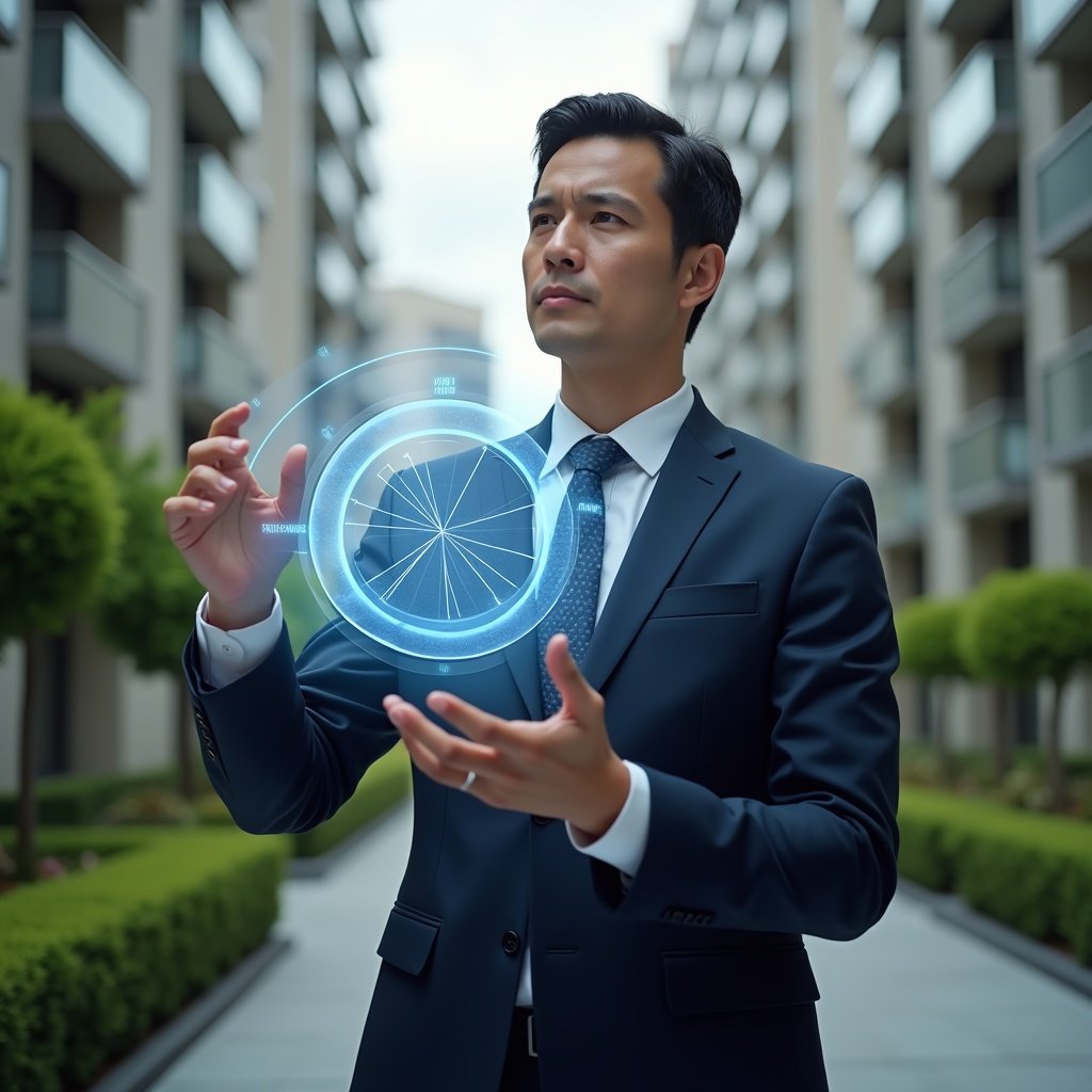 (Ultra-realistic condominium manager in a tailored navy suit, set in a modern luxury condominium environment with high-rise buildings and manicured green landscaping, holding a floating holographic pie chart illustrating ideal fraction calculations, analyzing with a focused and confident expression, cinematic lighting, shallow depth of field, highly detailed textures, realistic skin, photographic realism, 8k resolution --ar 1:1 --v 6)