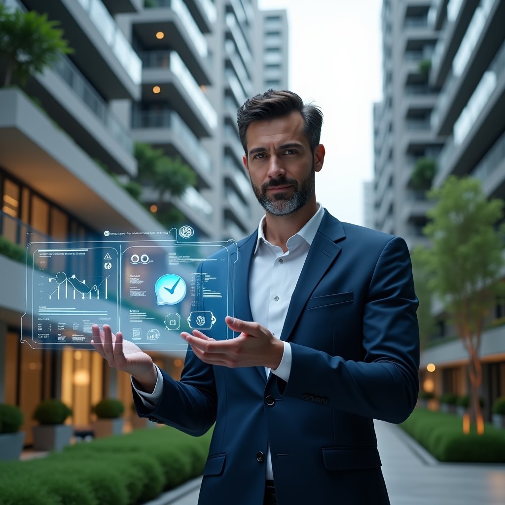 (Ultra-realistic property manager in a dark blue suit, set in a modern luxury condominium environment with high-rise buildings and lush green landscaping, holding and interacting with a floating holographic interface displaying chat bubbles, financial graphs, and calendar reservation icons, confident expression, futuristic UI elements, cinematic lighting, shallow depth of field, highly detailed textures, realistic skin, photographic realism, 8k resolution --ar 1:1 --v 6)