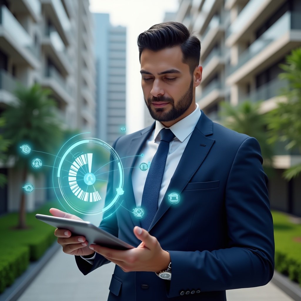 Ultra-realistic condominium manager in a navy blue executive suit, set in a modern luxury condominium environment with high-rise buildings and manicured greenery, examining a holographic budget pie chart projected above a tablet, surrounded by floating expense icons (coins, receipts, repair wrench), confident and focused expression, cinematic lighting, shallow depth of field, highly detailed textures, realistic skin, photographic realism, 8k resolution --ar 1:1 --v 6