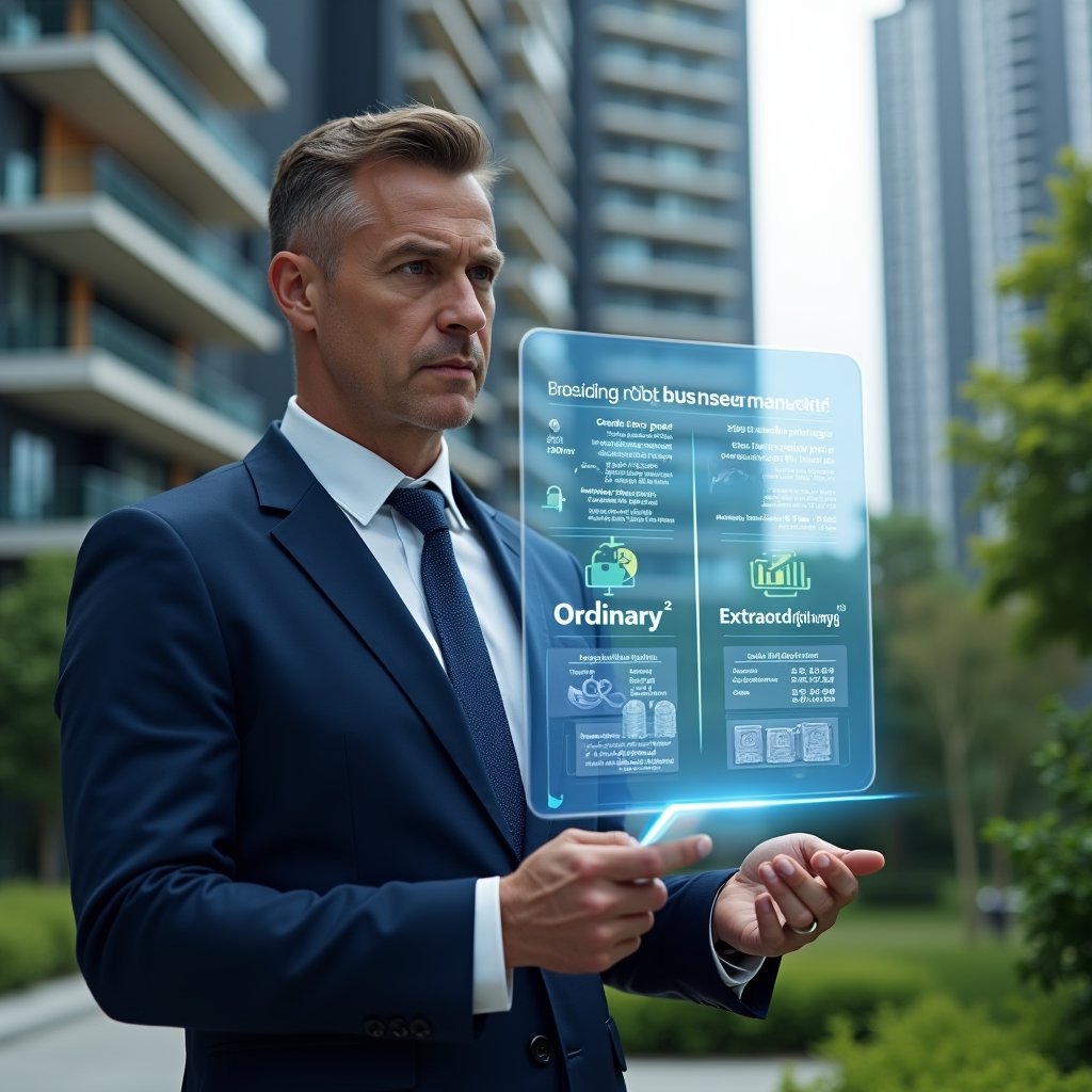 (Ultra-realistic condominium manager in a navy-blue suit, set in a modern luxury condominium environment with high-rise buildings and manicured greenery, reviewing a floating holographic expense breakdown that distinguishes ordinary and extraordinary costs, holographic icons of coins, ledgers and pie charts around them, confident and focused expression, cinematic lighting, shallow depth of field, highly detailed textures, realistic skin, photographic realism, 8k resolution --ar 1:1 --v 6)