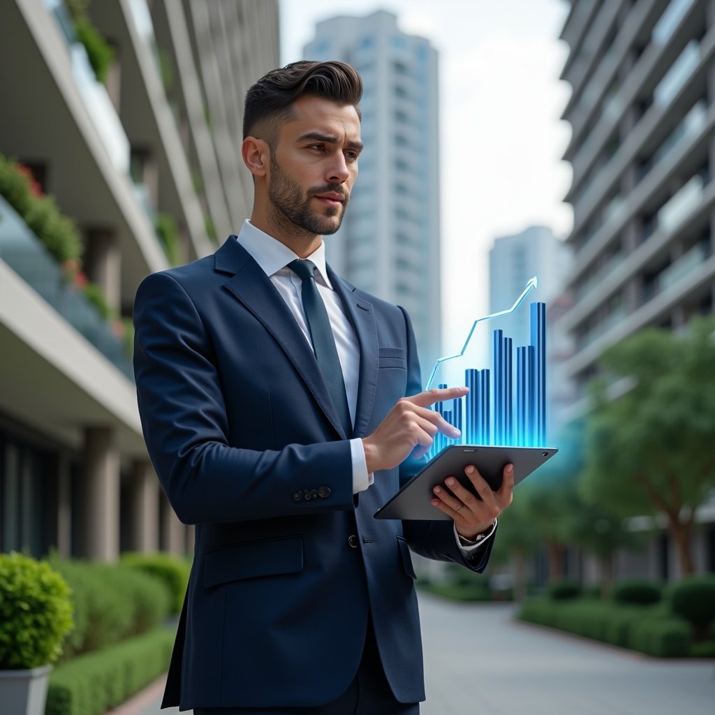 (Ultra-realistic condominium manager in a tailored navy suit, set in a modern luxury condominium environment with high-rise buildings and manicured green landscaping, holding a digital tablet displaying financial charts and pointing at a holographic bar graph icon representing transparent accounting, confident and focused expression, cinematic lighting, shallow depth of field, highly detailed textures, realistic skin, photographic realism, 8k resolution --ar 1:1 --v 6)