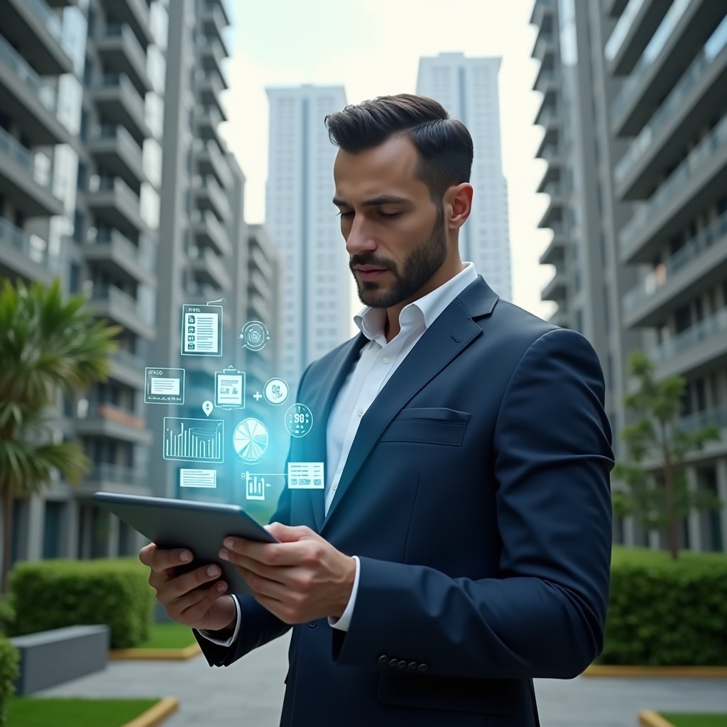 (Ultra-realistic condominium manager in a tailored navy suit, set in a modern luxury condominium environment with high-rise buildings and manicured green landscaping, mid-shot reviewing holographic financial reports projected above a sleek tablet, floating icons of charts, documents and a transparent ledger, confident and focused expression, cinematic lighting, shallow depth of field, highly detailed textures, realistic skin, photographic realism, 8k resolution --ar 1:1 --v 6)