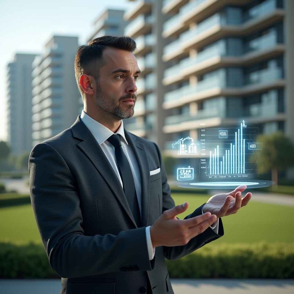 Ultra-realistic condominium manager in a tailored dark gray suit, set in a modern luxury condominium environment with high-rise buildings and manicured green landscaping, holding and reviewing a holographic financial report projection, a floating 3D bar chart and balance sheet icons beside them, confident and focused expression, cinematic lighting, shallow depth of field, highly detailed textures, realistic skin, photographic realism, 8k resolution --ar 1:1 --v 6