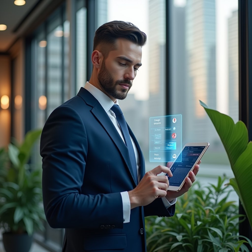 Ultra-realistic condominium manager in a navy blue suit, set in a modern luxury condominium environment with high-rise buildings and lush green landscaping, holding a tablet displaying a holographic condominium management app interface with floating icons for messaging, payments and reservations, confident and focused expression, cinematic lighting, shallow depth of field, highly detailed textures, realistic skin, photographic realism, 8k resolution --ar 1:1 --v 6