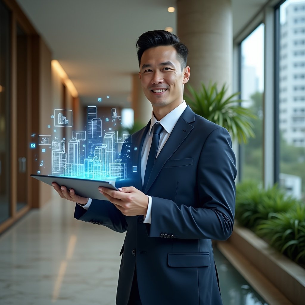 Ultra-realistic condominium manager in a navy tailored suit, set in a modern luxury condominium environment with high-rise buildings and manicured green landscaping, standing confidently in the lobby holding a digital tablet projecting holographic building blueprints and financial charts, confident and focused expression, cinematic lighting, shallow depth of field, highly detailed textures, realistic skin, photographic realism, 8k resolution --ar 1:1 --v 6