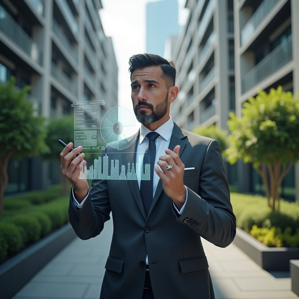 (Ultra-realistic condominium manager in a dark gray executive suit, set in a modern luxury condominium environment with high-rise buildings and meticulously maintained green landscaping, analyzing a floating holographic pie chart and fractional divisions with a digital pen in hand, thoughtful and confident expression, holographic icons of percentages and building silhouettes around him, cinematic lighting, shallow depth of field, highly detailed textures, realistic skin, photographic realism, 8k resolution --ar 1:1 --v 6)
