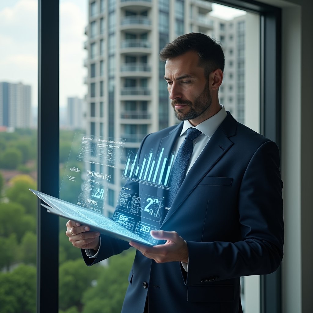 Ultra-realistic condominium manager in a navy suit, set in a modern luxury condominium environment with high-rise buildings and green landscaping, reviewing a holographic financial report with floating spreadsheets and icons of charts, confidently analyzing data, cinematic lighting, shallow depth of field, highly detailed textures, realistic skin, photographic realism, 8k resolution --ar 1:1 --v 6