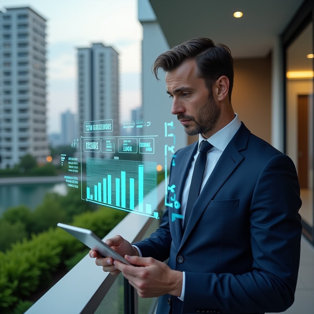 Ultra-realistic condominium manager in a navy executive suit, set in a modern luxury condominium environment with high-rise buildings and manicured green landscaping, analyzing holographic financial charts projected above a tablet, floating budget icons and transparent spreadsheets around him, confident and focused expression, cinematic lighting, shallow depth of field, highly detailed textures, realistic skin, photographic realism, 8k resolution --ar 1:1 --v 6