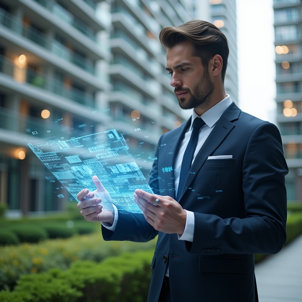 (Ultra-realistic condominium manager in a tailored navy suit, set in a modern luxury condominium environment with high-rise buildings and manicured green landscaping, examining a holographic transparent blueprint of individual units with floating fractional percentage labels, holographic financial graphs and icons surrounding the scene, thoughtful and confident expression, cinematic lighting, shallow depth of field, highly detailed textures, realistic skin, photographic realism, 8k resolution --ar 1:1 --v 6)