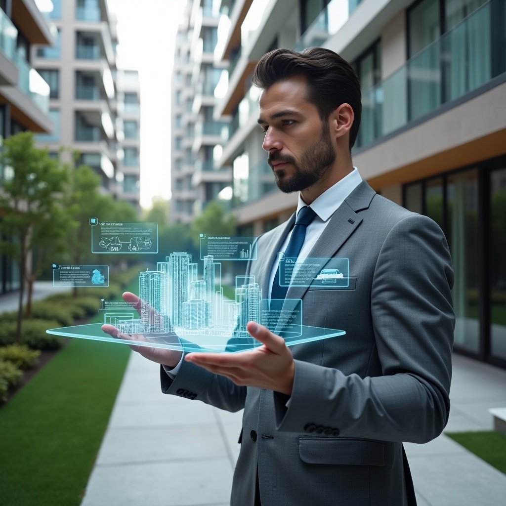 (Ultra-realistic condominium manager in a tailored gray suit, set in a modern luxury condominium environment with high-rise buildings and manicured green landscaping, confidently reviewing a holographic dashboard of condo management metrics with one hand gesturing toward floating app icons, a translucent building model hovering beside, cinematic lighting, shallow depth of field, highly detailed textures, realistic skin, photographic realism, 8k resolution --ar 1:1 --v 6)