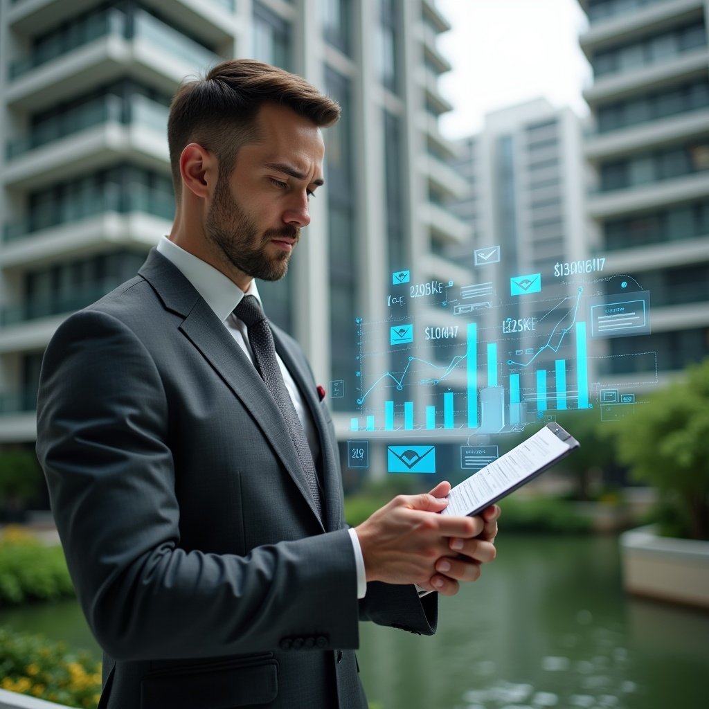 (Ultra-realistic condominium manager in a charcoal gray suit, set in a modern luxury condominium environment with high-rise buildings and manicured green landscaping, reviewing a holographic budget breakdown with floating expense icons and approval checkmarks, confident and focused expression, cinematic lighting, shallow depth of field, highly detailed textures, realistic skin, photographic realism, 8k resolution --ar 1:1 --v 6)