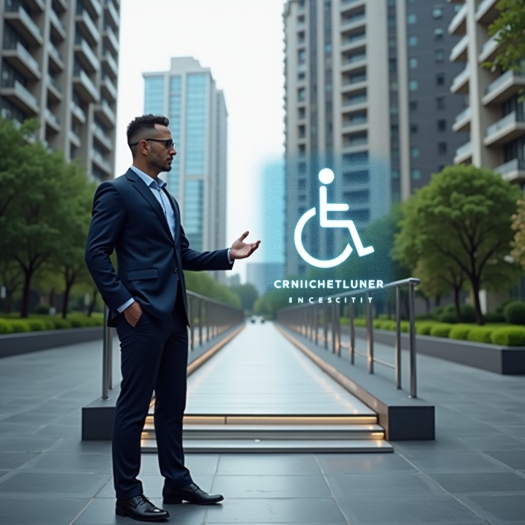 (Ultra-realistic condominium manager in a tailored navy suit, set in a modern luxury condominium environment with high-rise buildings and manicured green landscaping, confidently gesturing toward a sleek accessibility ramp with a floating holographic wheelchair icon and braille signage overlay, cinematic lighting, shallow depth of field, highly detailed textures, realistic skin, photographic realism, 8k resolution --ar 1:1 --v 6)