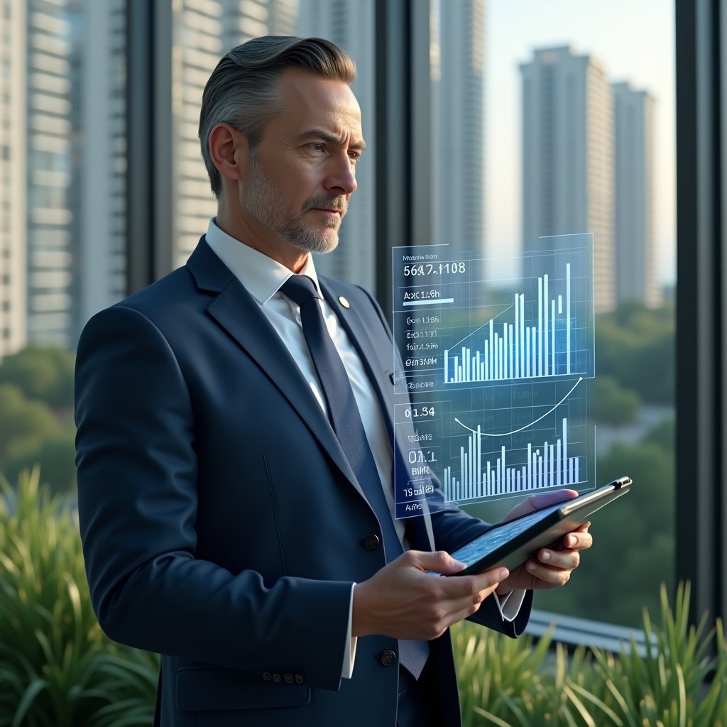 Ultra-realistic condominium manager in a navy suit, set in a modern luxury condominium environment with high-rise buildings and green landscaping, examining floating holographic financial graphs and charts while holding a tablet displaying key metrics, expression confident and focused, cinematic lighting, shallow depth of field, highly detailed textures, realistic skin, photographic realism, 8k resolution --ar 1:1 --v 6
