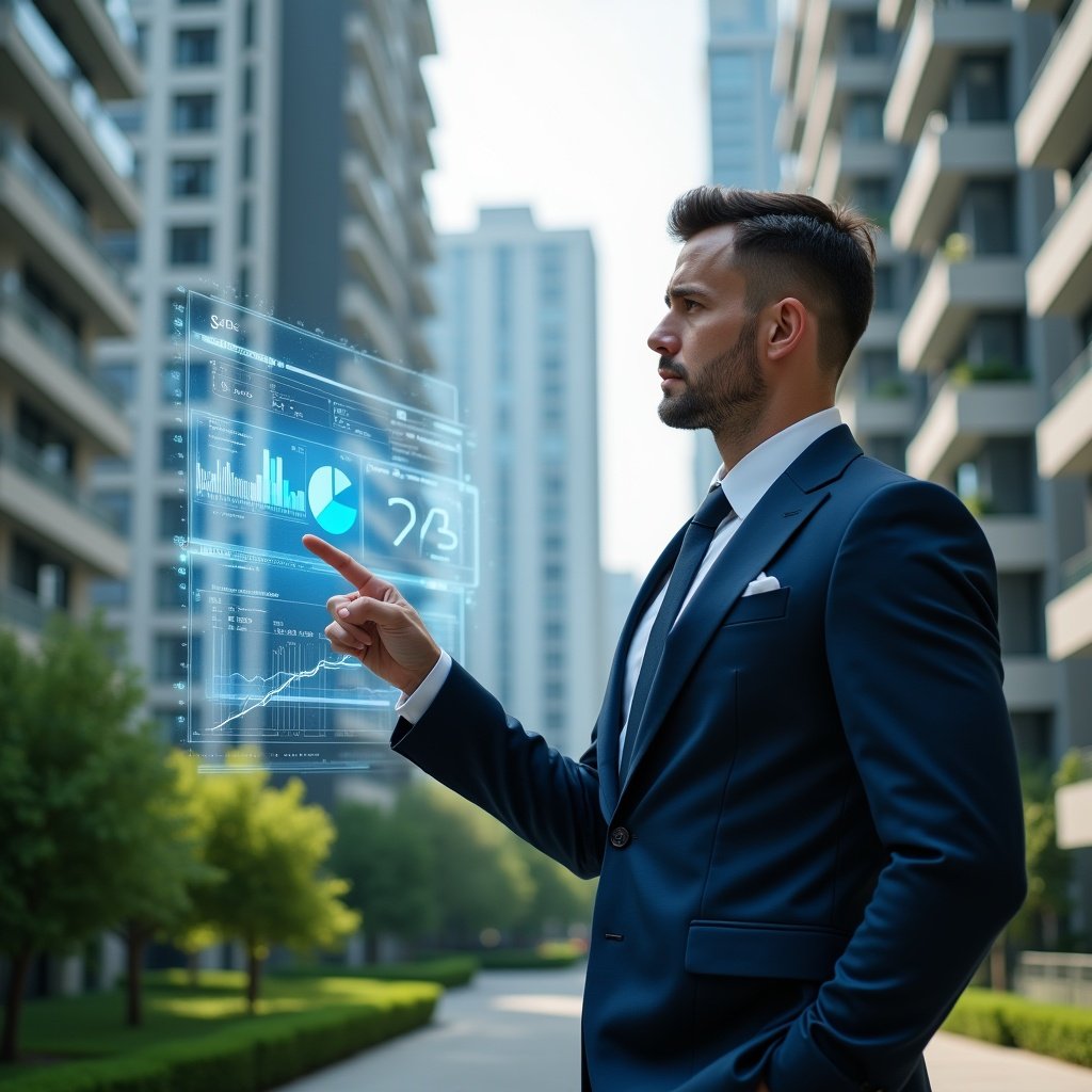 (Ultra-realistic condominium manager in a navy executive suit, set in a modern luxury condominium environment with high-rise buildings and lush green landscaping, mid-shot of a confident professional pointing at a floating holographic dashboard displaying financial metrics—bar graphs, pie charts and line trends—cinematic lighting, shallow depth of field, highly detailed textures, realistic skin, photographic realism, 8k resolution --ar 1:1 --v 6)