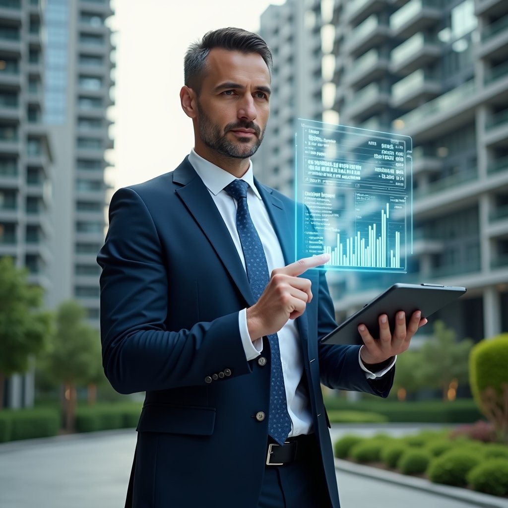 Ultra-realistic condominium manager in a tailored navy suit, set in a modern luxury condominium environment with high-rise buildings and manicured green landscaping, holding a tablet and tapping to generate holographic financial reports in mid-air, confident expression, floating 3D charts and graphs symbolizing automated accounting, cinematic lighting, shallow depth of field, highly detailed textures, realistic skin, photographic realism, 8k resolution --ar 1:1 --v 6