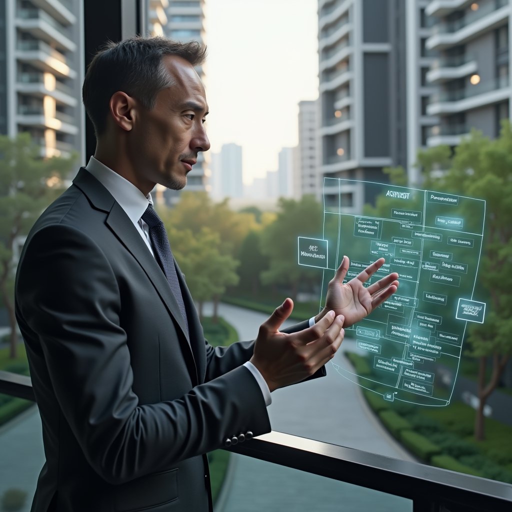 (Ultra-realistic condominium manager in a charcoal gray suit, set in a modern luxury condominium environment with high-rise buildings and manicured gardens, reviewing a holographic activity schedule display with floating calendar and maintenance icons, focused and confident expression, cinematic lighting, shallow depth of field, highly detailed textures, realistic skin, photographic realism, 8k resolution --ar 1:1 --v 6)