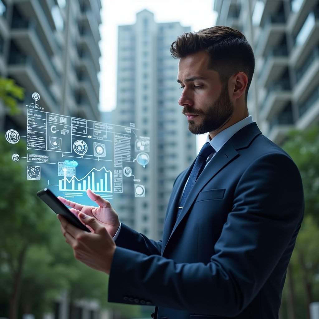 Ultra-realistic condominium manager in a navy blue suit, set in a modern luxury condominium environment with high-rise buildings and lush green landscaping, holding a tablet displaying holographic expense charts and categorization graphs, thoughtfully analyzing ordinary vs extraordinary costs with floating financial icons and pie charts around them, cinematic lighting, shallow depth of field, highly detailed textures, realistic skin, photographic realism, 8k resolution --ar 1:1 --v 6