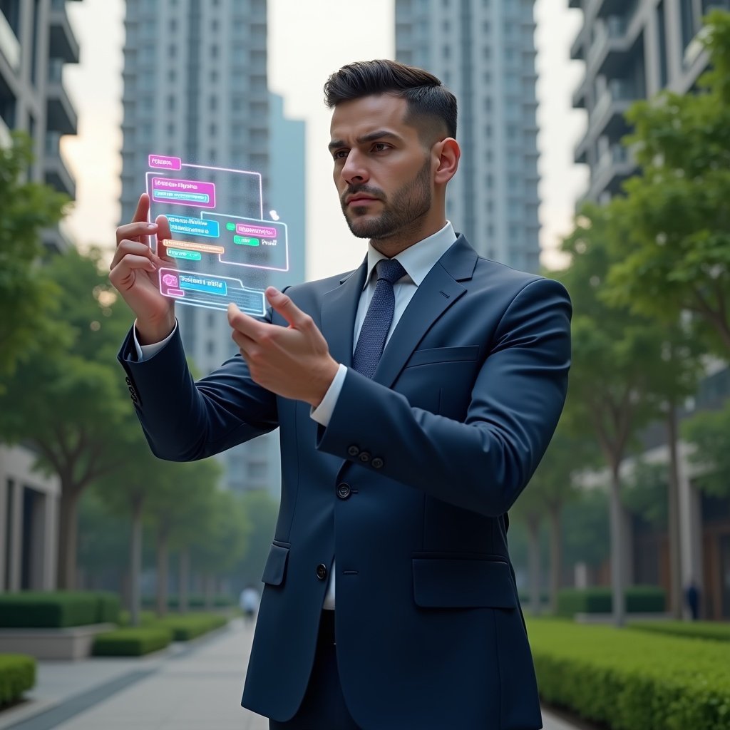 (Ultra-realistic condominium manager in a navy blue suit, set in a modern luxury condominium environment with high-rise buildings and meticulously landscaped gardens, examining a floating holographic schedule with colorful timeline icons, confident and focused expression, cinematic lighting, shallow depth of field, highly detailed textures, realistic skin, photographic realism, 8k resolution --ar 1:1 --v 6)