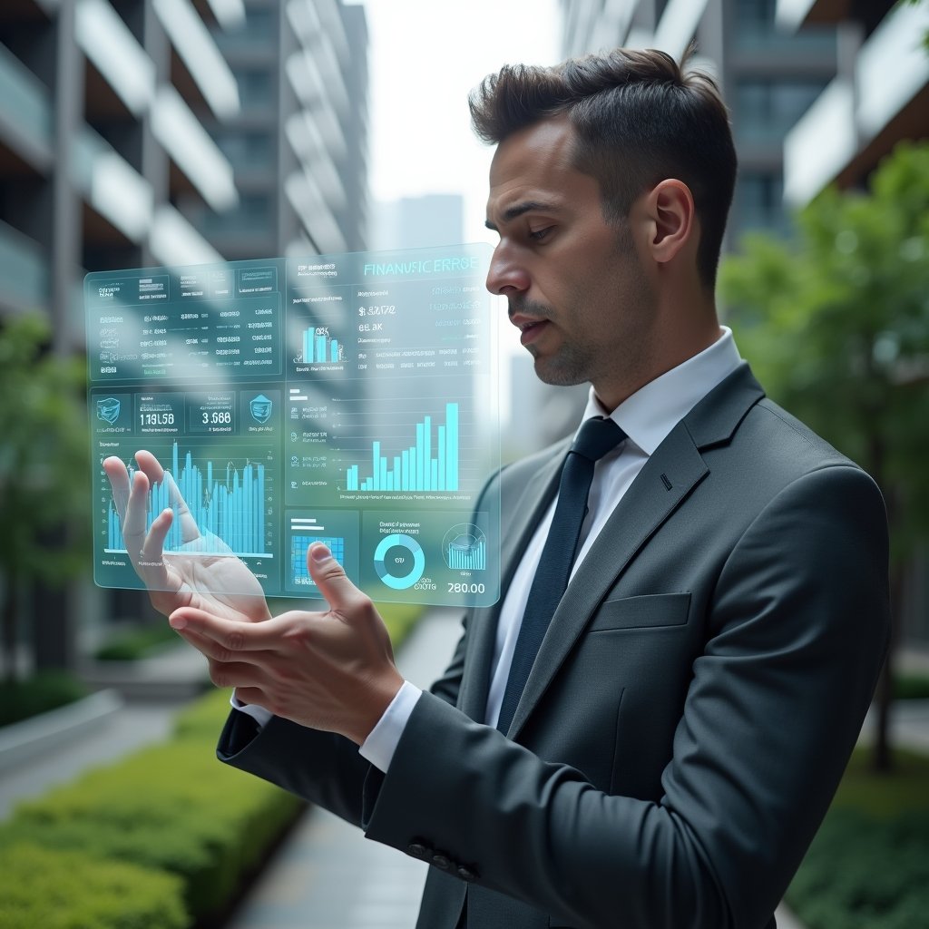 (Ultra-realistic condominium manager in a charcoal gray suit, set in a modern luxury condominium environment with high-rise buildings and manicured green landscaping, close-up mid-shot of a confident professional reviewing holographic financial charts and floating balance sheets, hands gesturing toward a transparent digital ledger displaying revenues, reserves, and account balances, cinematic lighting, shallow depth of field, highly detailed textures, realistic skin, photographic realism, 8k resolution --ar 1:1 --v 6)