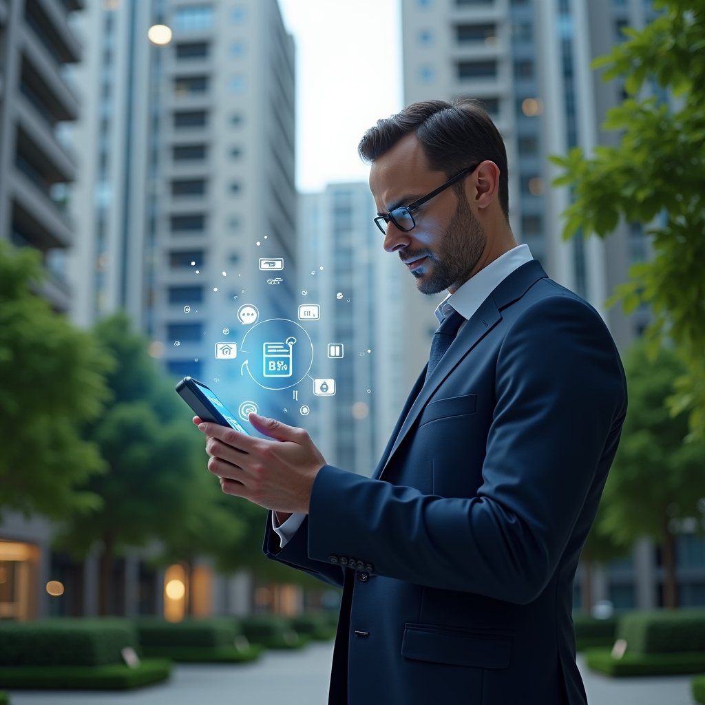 (Ultra-realistic condominium manager in a dark blue suit, set in a modern luxury condominium environment with high-rise buildings and well-kept green landscaping, confidently examining a holographic mobile app interface projected above his hands, floating icons of calendar, chat and reservation symbols representing seamless management, cinematic lighting, shallow depth of field, highly detailed textures, realistic skin, photographic realism, 8k resolution --ar 1:1 --v 6)