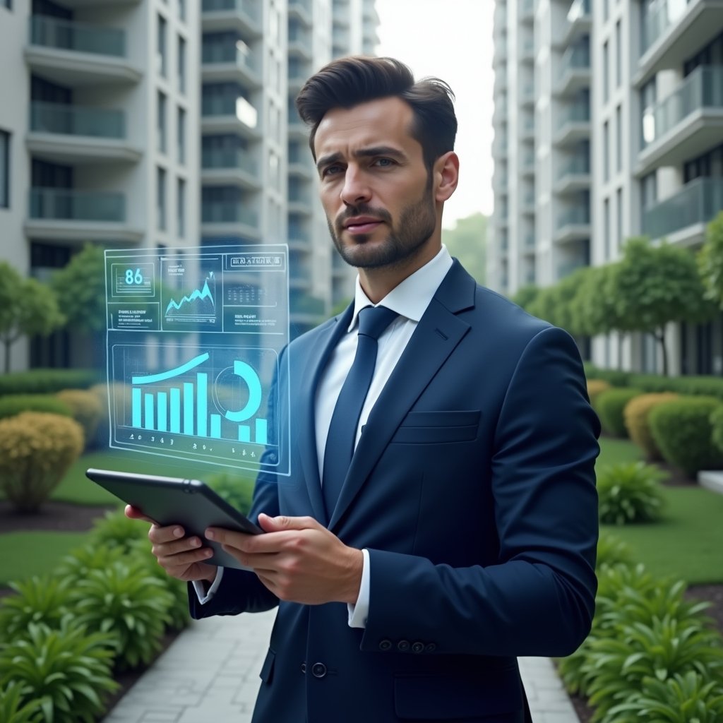 Ultra-realistic condominium manager in a navy blue suit, set in a modern luxury condominium environment with high-rise buildings and lush green landscaping, holding a tablet displaying holographic financial charts, confident and focused expression, floating digital interface of accounting dashboards beside them, cinematic lighting, shallow depth of field, highly detailed textures, realistic skin, photographic realism, 8k resolution --ar 1:1 --v 6
