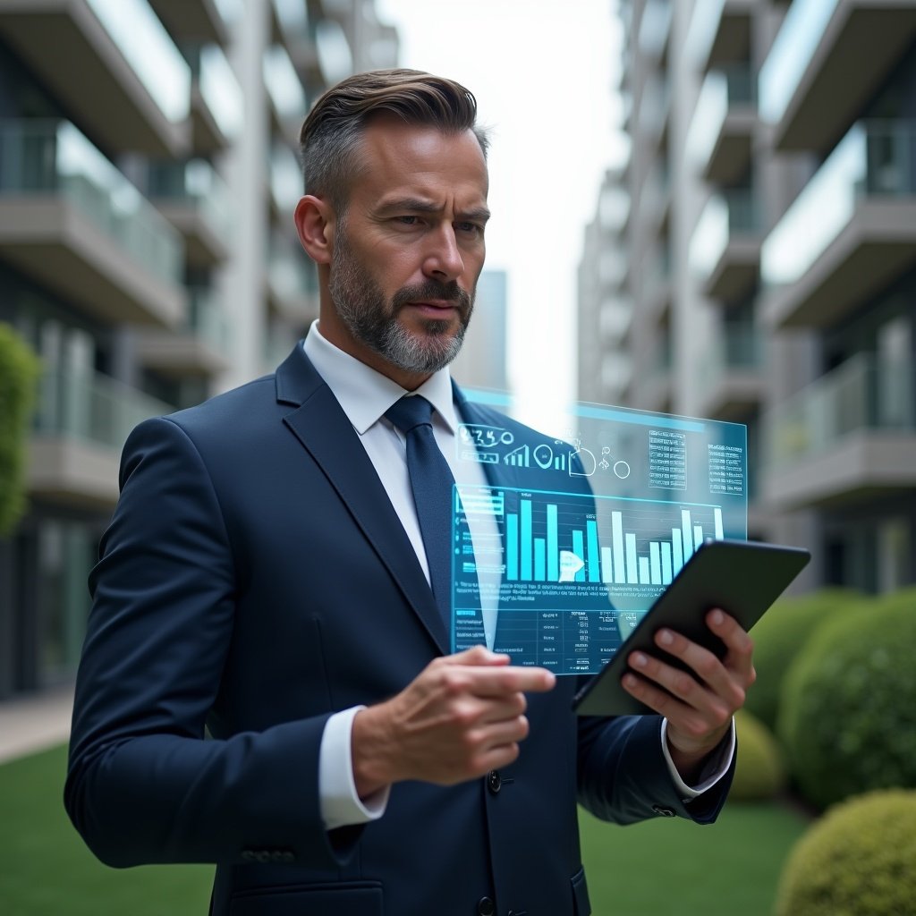 (Ultra-realistic condominium manager in a tailored navy suit, set in a modern luxury condominium environment with high-rise buildings and manicured green landscaping, holding a tablet projecting holographic financial reports and bar charts, confidently analyzing data, cinematic lighting, shallow depth of field, highly detailed textures, realistic skin, photographic realism, 8k resolution --ar 1:1 --v 6)