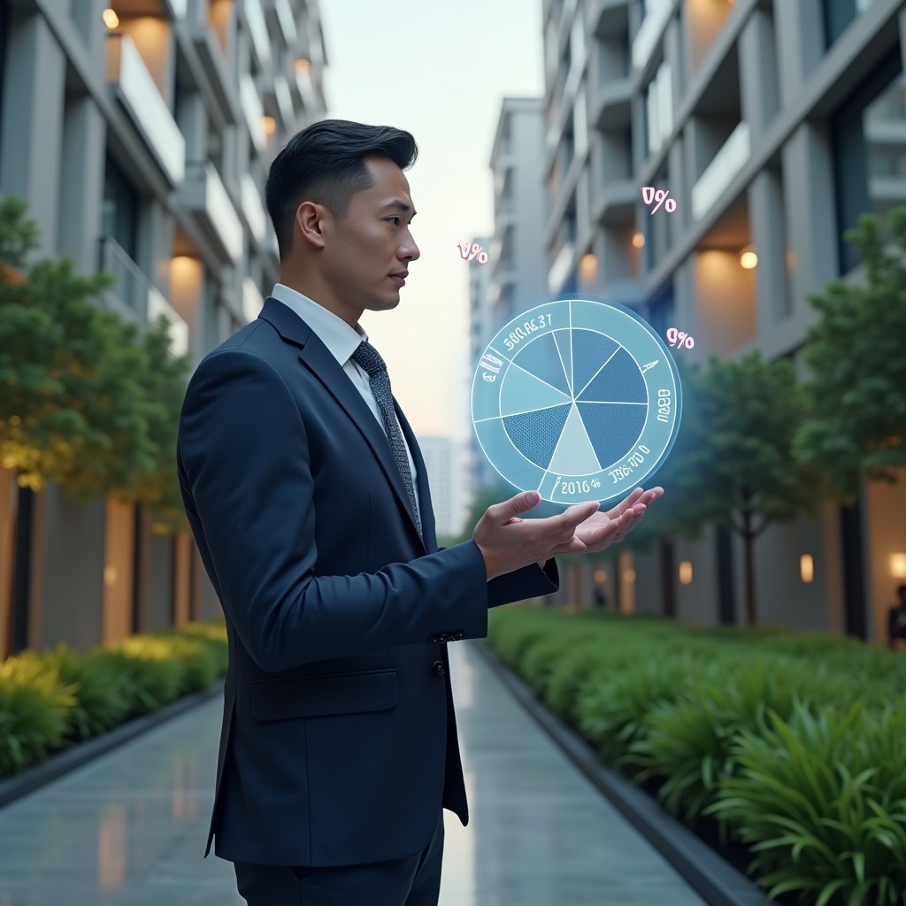(Ultra-realistic condominium manager in a tailored navy suit, set in a modern luxury condominium environment with high-rise buildings and manicured green landscaping, examining a holographic pie chart with highlighted fractional percentages, thoughtful and confident expression, holographic percentage symbols floating nearby, cinematic lighting, shallow depth of field, highly detailed textures, realistic skin, photographic realism, 8k resolution --ar 1:1 --v 6)