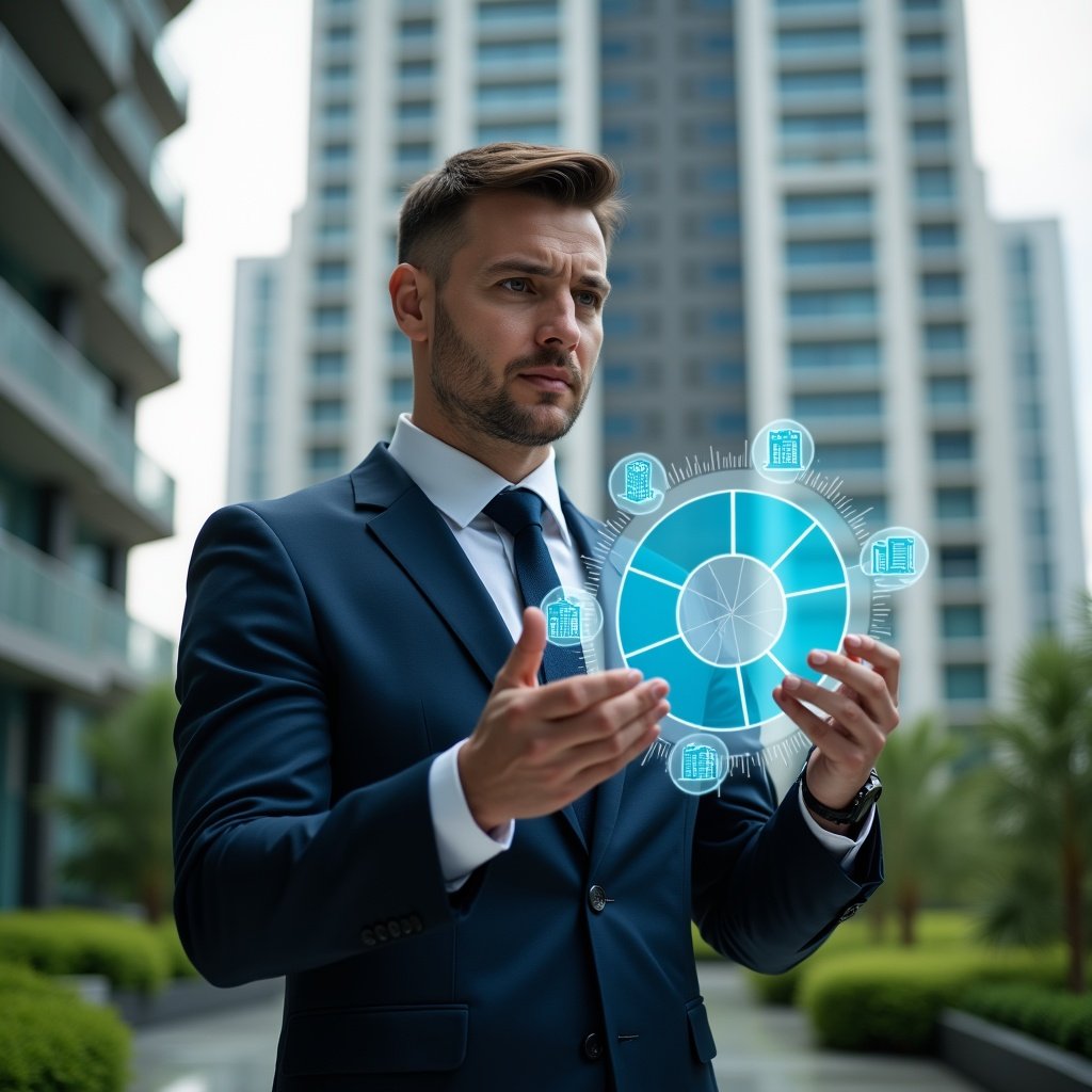 (Ultra-realistic condominium manager in a navy suit, set in a modern luxury condominium environment with high-rise buildings and meticulously landscaped greenery, analyzing a holographic pie chart representing fractional ownership and expense distribution, holographic icons of building units and percentage markers floating around, confident and focused expression, cinematic lighting, shallow depth of field, highly detailed textures, realistic skin, photographic realism, 8k resolution --ar 1:1 --v 6)