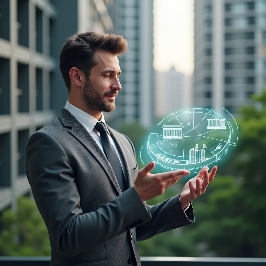 (Ultra-realistic condominium manager in a charcoal gray suit, set in a modern luxury condominium environment with high-rise buildings and lush green landscaping, examining a translucent holographic pie chart representing fractional ownership and expense allocation, thoughtful expression with slight smile, holographic icons of buildings and currency floating around, cinematic lighting, shallow depth of field, highly detailed textures, realistic skin, photographic realism, 8k resolution --ar 1:1 --v 6)