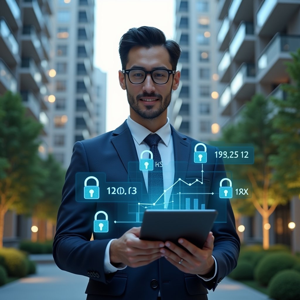 (Ultra-realistic condominium manager in a dark blue suit, set in a modern luxury condominium environment with high-rise buildings and lush green landscaping, holding a tablet displaying holographic financial charts and graphs, confident and focused expression as they review automatic digital reports symbolizing transparency and trust, floating holographic icons of reports and padlocks around them, cinematic lighting, shallow depth of field, highly detailed textures, realistic skin, photographic realism, 8k resolution --ar 1:1 --v 6)
