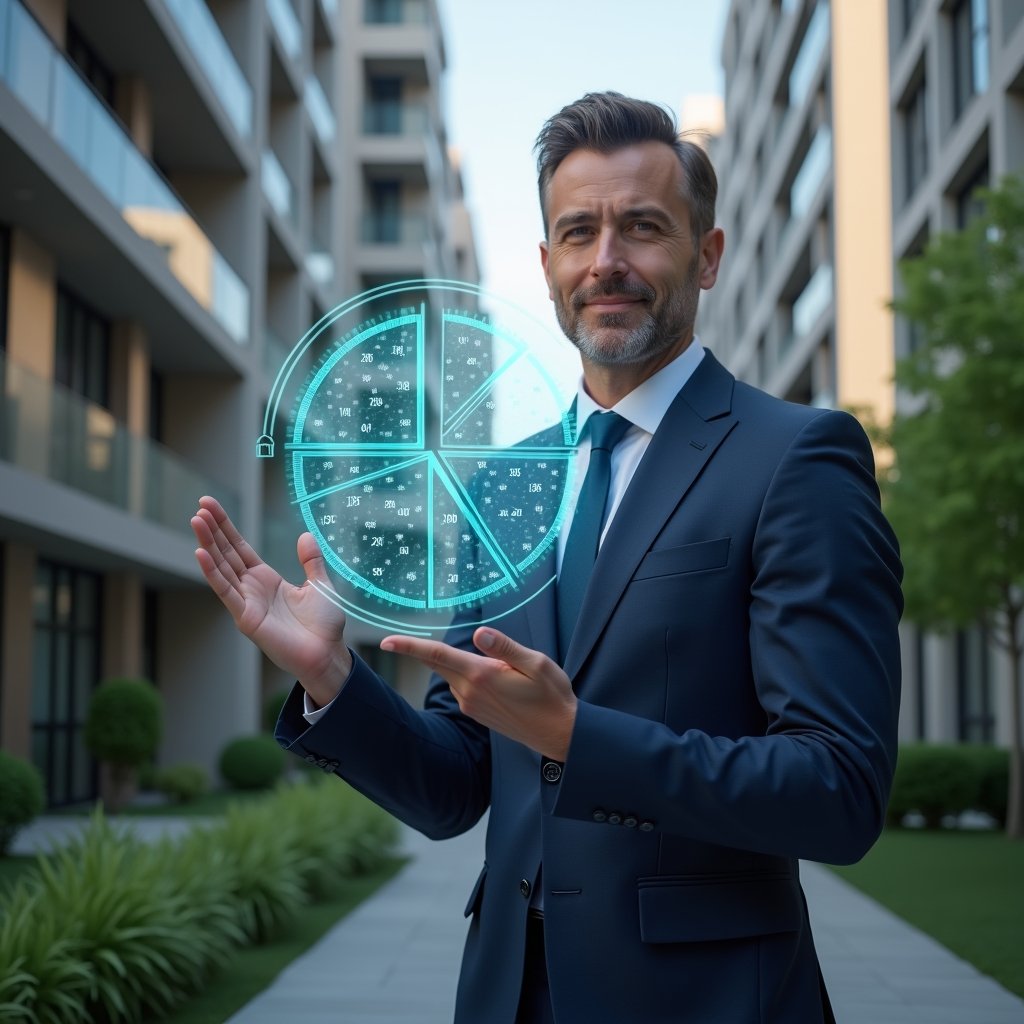 Ultra-realistic condominium manager in a navy blue suit, set in a modern luxury condominium environment with high-rise buildings and manicured green landscaping, mid-shot close-up of a confident professional holding a transparent holographic pie chart illustrating unit fractions and fee allocations, cinematic lighting, shallow depth of field, highly detailed textures, realistic skin, photographic realism, 8k resolution --ar 1:1 --v 6