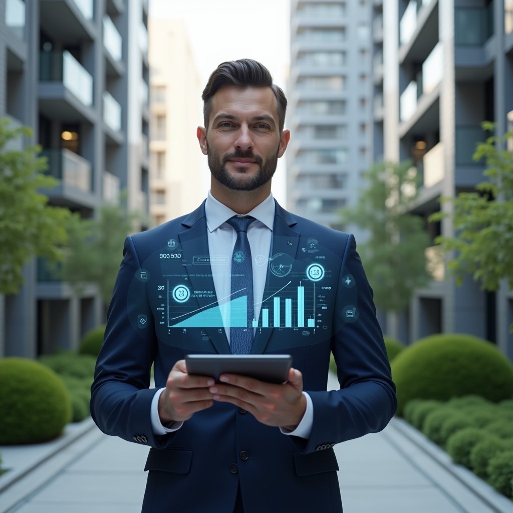 (Ultra-realistic condominium manager in a navy blue suit, set in a modern luxury condominium environment with high-rise buildings and manicured green landscaping, standing in a medium shot while holding a tablet displaying holographic financial charts and time-saving icons, confident and focused expression, holographic graphs and dollar symbols floating beside them to symbolize cost reduction and transparency, cinematic lighting, shallow depth of field, highly detailed textures, realistic skin, photographic realism, 8k resolution --ar 1:1 --v 6)