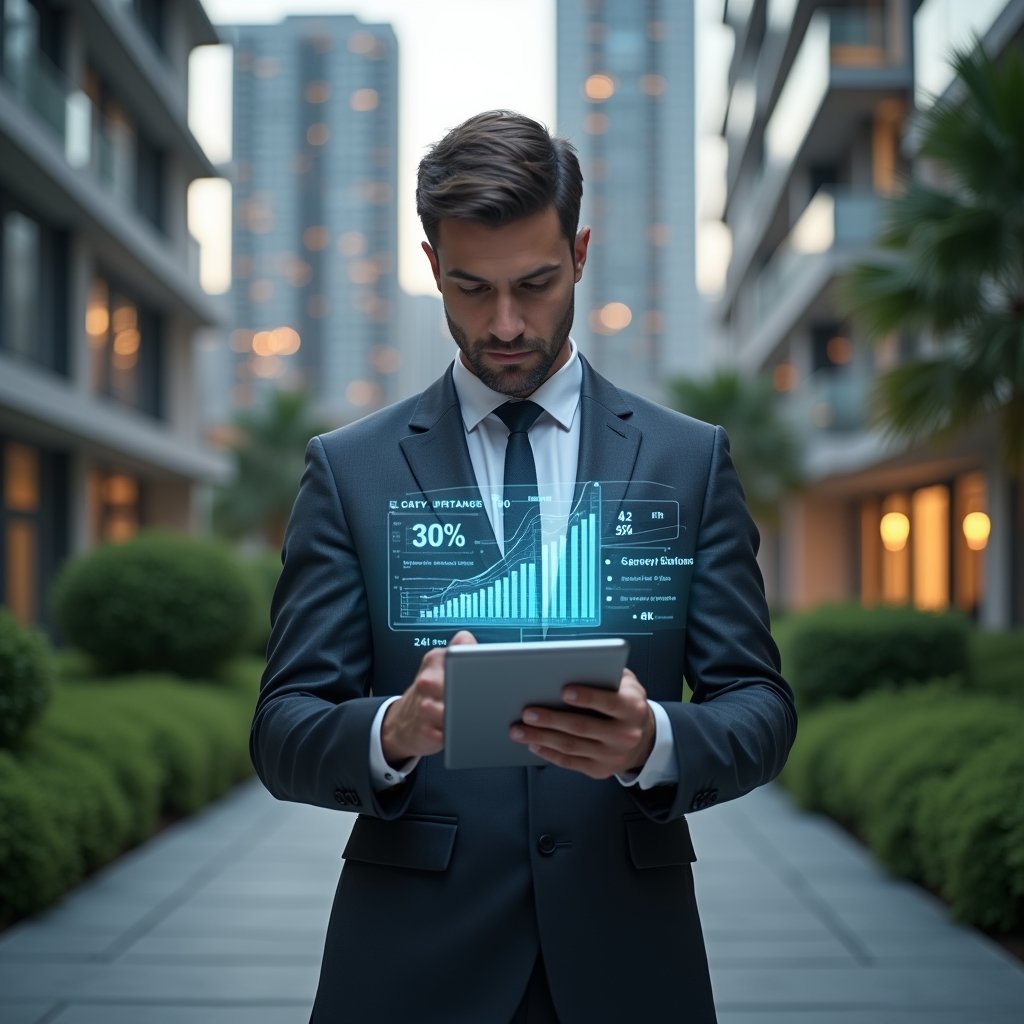 (Ultra-realistic property manager in a sleek dark gray suit, set in a modern luxury condominium environment with high-rise buildings and manicured green landscaping, holding a tablet displaying glowing holographic cost-saving charts and app icons, confidently analyzing digital graphs that symbolize a 30% expense reduction, cinematic lighting, shallow depth of field, highly detailed textures, realistic skin, photographic realism, 8k resolution --ar 1:1 --v 6)