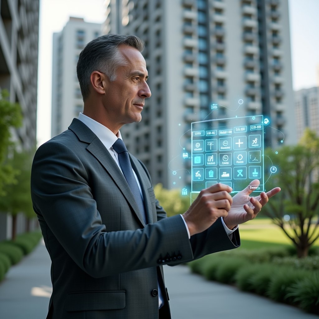 (Ultra-realistic property manager in a tailored charcoal-gray suit, set in a modern luxury condominium environment with high-rise buildings and manicured green landscaping, interacting with a holographic digital calendar display showing task schedules, holographic icons for cleaning, maintenance, and communication floating around, confident and focused expression, cinematic lighting, shallow depth of field, highly detailed textures, realistic skin, photographic realism, 8k resolution --ar 1:1 --v 6)
