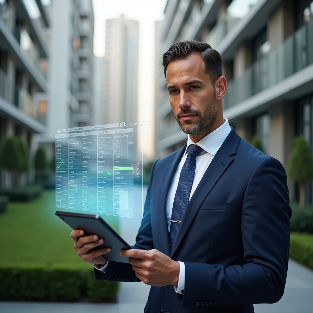 Ultra-realistic condominium manager in a navy executive suit, set in a modern luxury condominium environment with high-rise buildings and manicured green landscaping, holding a digital tablet displaying a detailed activity schedule calendar, with a semi-transparent holographic timeline overlay floating beside them, confident and focused expression, cinematic lighting, shallow depth of field, highly detailed textures, realistic skin, photographic realism, 8k resolution --ar 1:1 --v 6