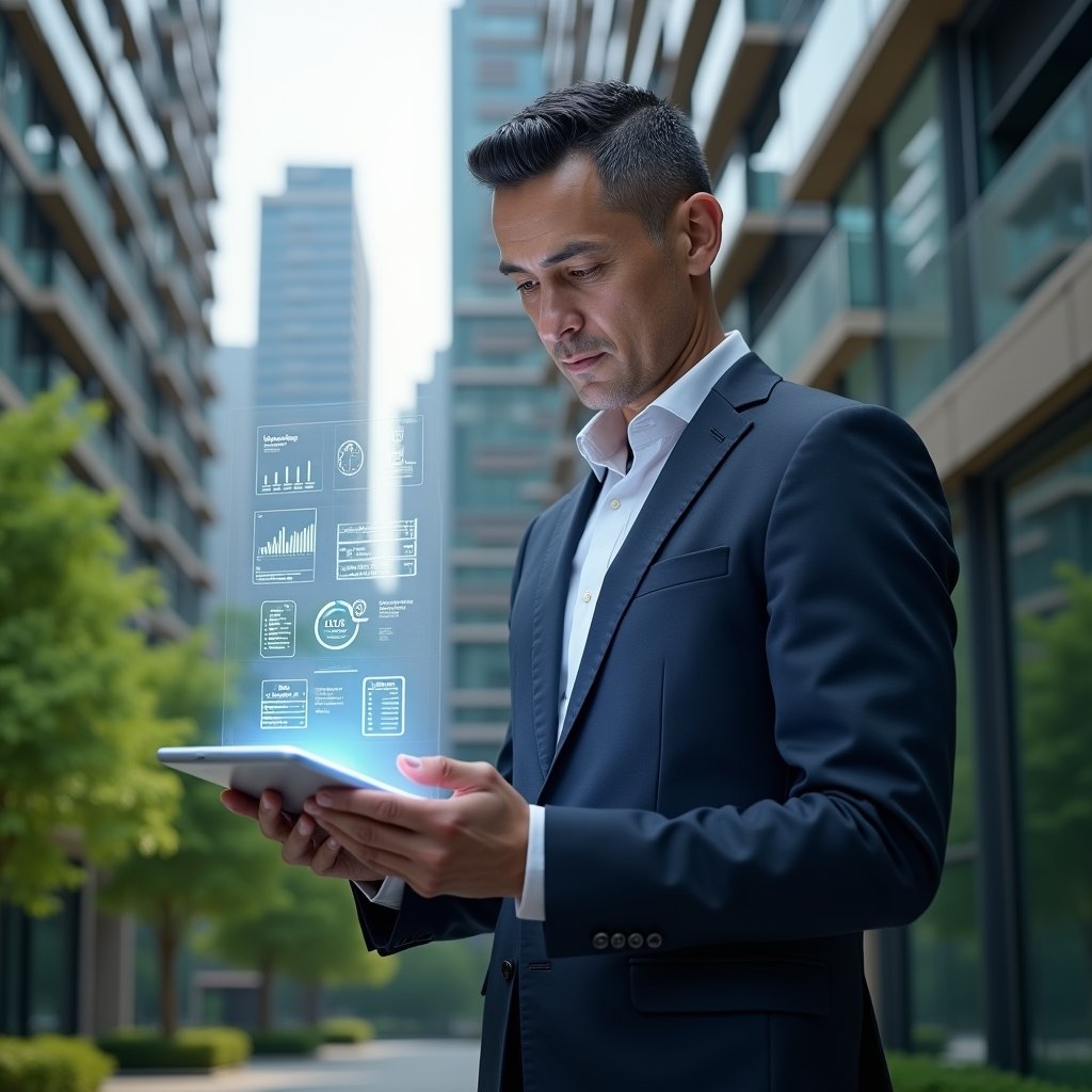 (Ultra-realistic condominium manager in a navy suit, set in a modern luxury condominium environment with high-rise buildings and lush green landscaping, holding a transparent tablet displaying holographic financial reports, confident and focused expression, floating holographic icons of graphs and documents symbolizing digital accounting transparency, cinematic lighting, shallow depth of field, highly detailed textures, realistic skin, photographic realism, 8k resolution --ar 1:1 --v 6)