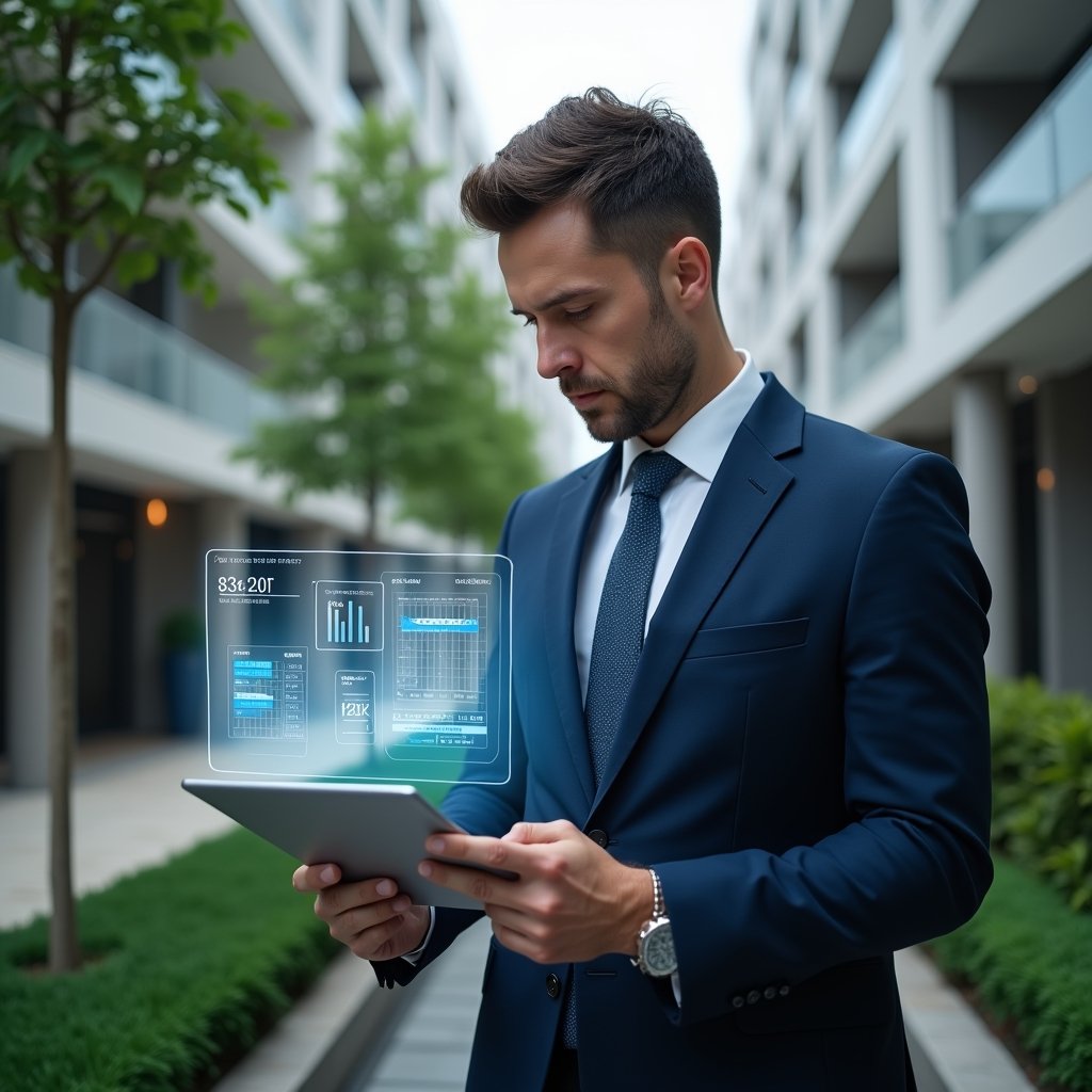 (Ultra-realistic condominium manager in a navy executive suit, set in a modern luxury condominium environment with high-rise buildings and manicured green landscaping, reviewing a holographic financial report projected from a tablet, confident and focused expression, transparent ledger icons floating beside them, cinematic lighting, shallow depth of field, highly detailed textures, realistic skin, photographic realism, 8k resolution --ar 1:1 --v 6)
