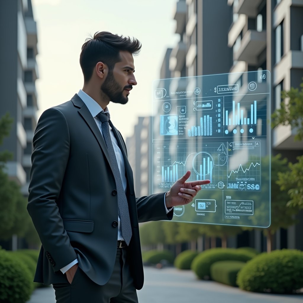 Ultra-realistic professional condominium manager in a charcoal gray suit, set in a modern luxury condominium environment with high-rise buildings and manicured green landscaping, mid shot of the manager studying a floating holographic dashboard of performance indicators and financial charts, digital icons of graphs and metrics orbiting around them, expression confident and focused, cinematic lighting, shallow depth of field, highly detailed textures, realistic skin, photographic realism, 8k resolution --ar 1:1 --v 6