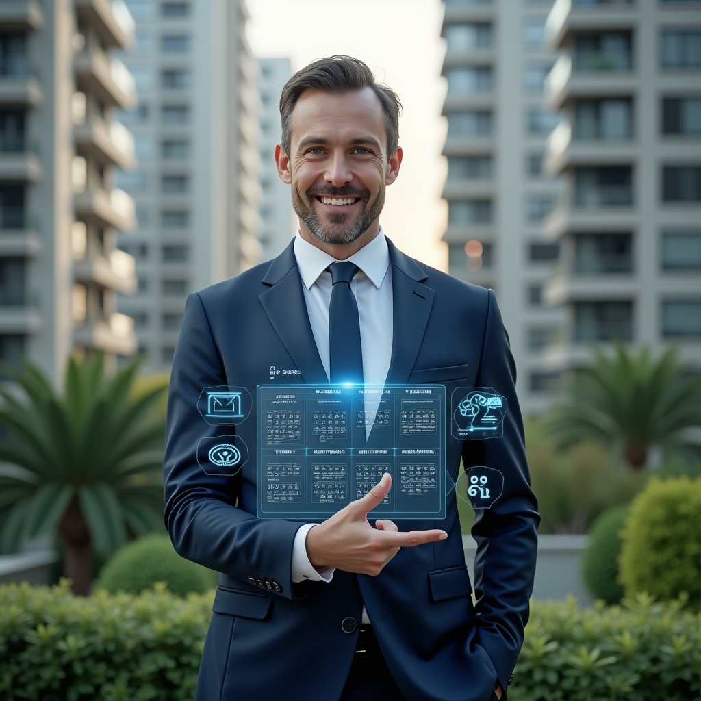 (Ultra-realistic condominium manager in a tailored navy suit, set in a modern luxury condominium environment with high-rise buildings and lush green landscaping, holding a transparent holographic activity schedule and confidently pointing at highlighted maintenance tasks, floating calendar icons and automated workflow symbols around them, cinematic lighting, shallow depth of field, highly detailed textures, realistic skin, photographic realism, 8k resolution --ar 1:1 --v 6)