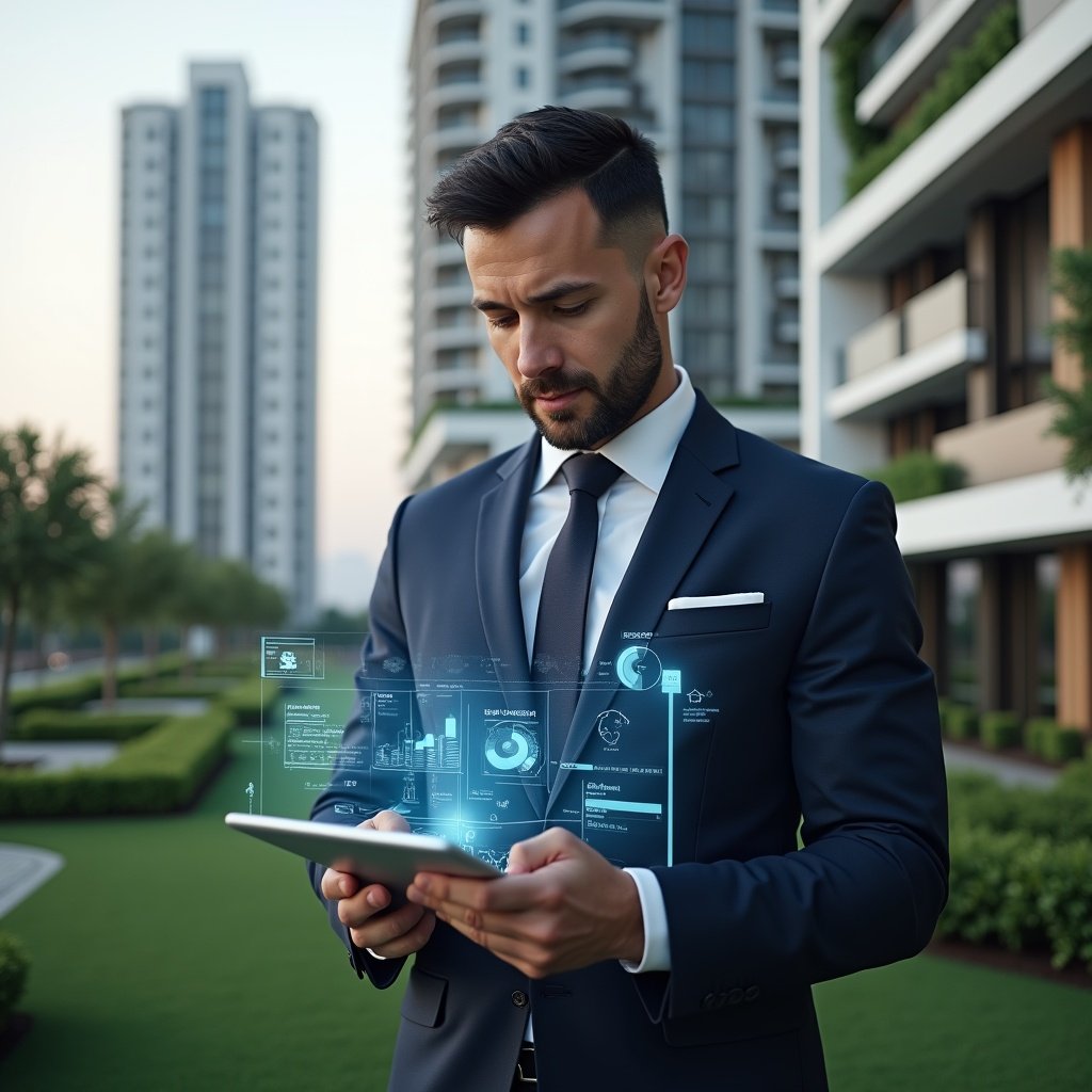 (Ultra-realistic condominium manager in a navy tailored suit, set in a modern luxury condominium environment with high-rise buildings and manicured green landscaping, reviewing a digital tablet with floating holographic budget charts and pie graphs, confident and focused expression, cinematic lighting, shallow depth of field, highly detailed textures, realistic skin, photographic realism, 8k resolution --ar 1:1 --v 6)