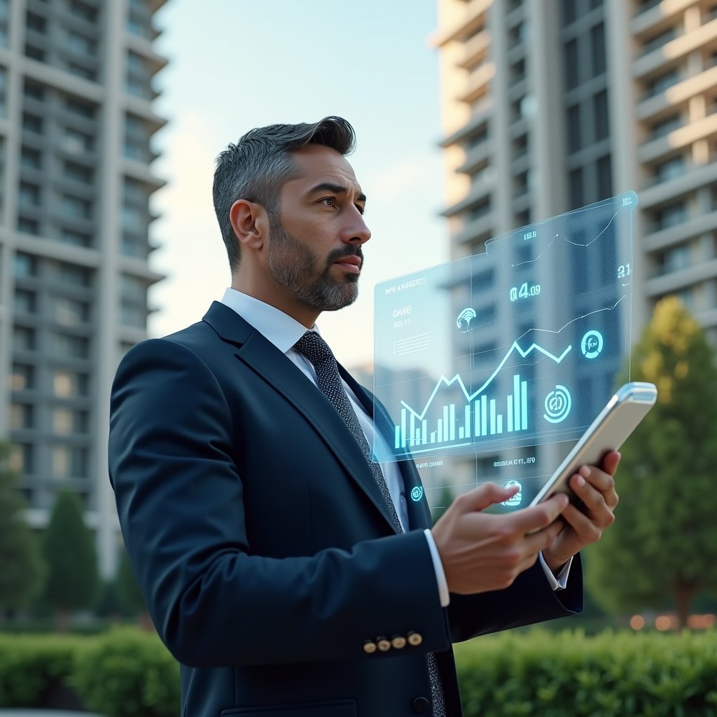 (Ultra-realistic condominium manager in a tailored navy suit, set in a modern luxury condominium environment with high-rise buildings and green landscaping, reviewing holographic financial charts floating before them with a confident and focused expression, transparent ledger icons and report symbols integrated into the scene, cinematic lighting, shallow depth of field, highly detailed textures, realistic skin, photographic realism, 8k resolution --ar 1:1 --v 6)