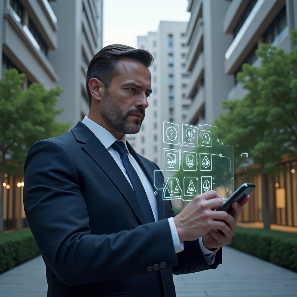 (Ultra-realistic property manager in a tailored navy suit, set in a modern luxury condominium environment with high-rise buildings and manicured greenery, medium close-up of the manager interacting with a floating holographic condominium management app interface showing seven warning icons, serious and focused expression, cinematic lighting, shallow depth of field, highly detailed textures, realistic skin, photographic realism, 8k resolution --ar 1:1 --v 6)