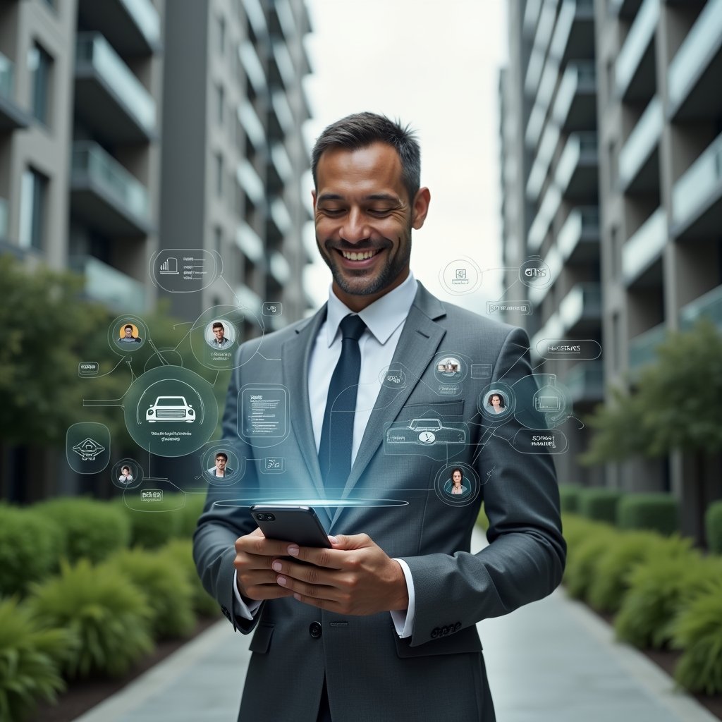 (Ultra-realistic condominium manager in a sleek grey suit, set in a modern luxury condominium environment with high-rise buildings and manicured green landscaping, interacting with a floating holographic smartphone interface displaying maintenance schedules, chat bubbles, and cost-saving charts, confident and smiling expression, cinematic lighting, shallow depth of field, highly detailed textures, realistic skin, photographic realism, 8k resolution --ar 1:1 --v 6)
